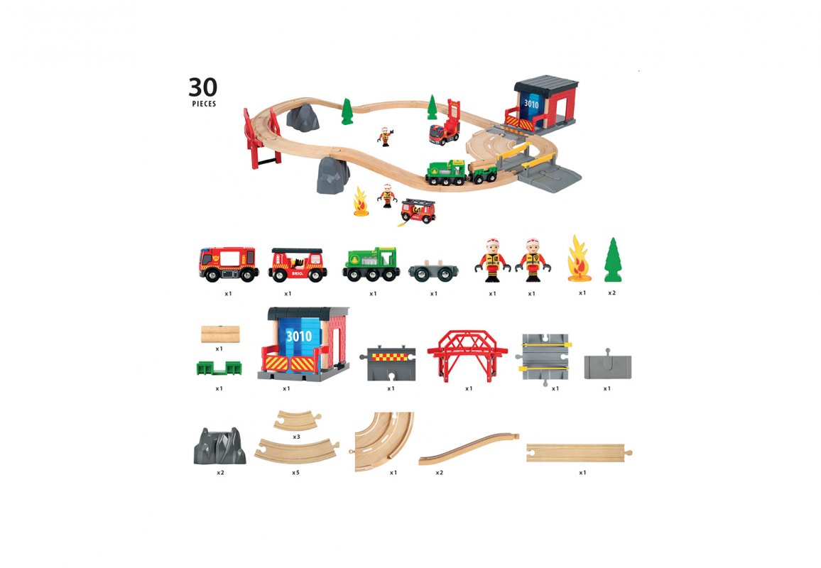 Игровой набор - Ж/д Пожарная команда спасателей, свет, звук, 30 предметов  